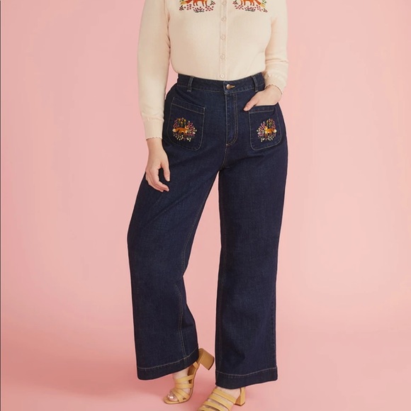 Modcloth Denim - ModCloth x Princess highway foxy embroidered wide leg jeans 18